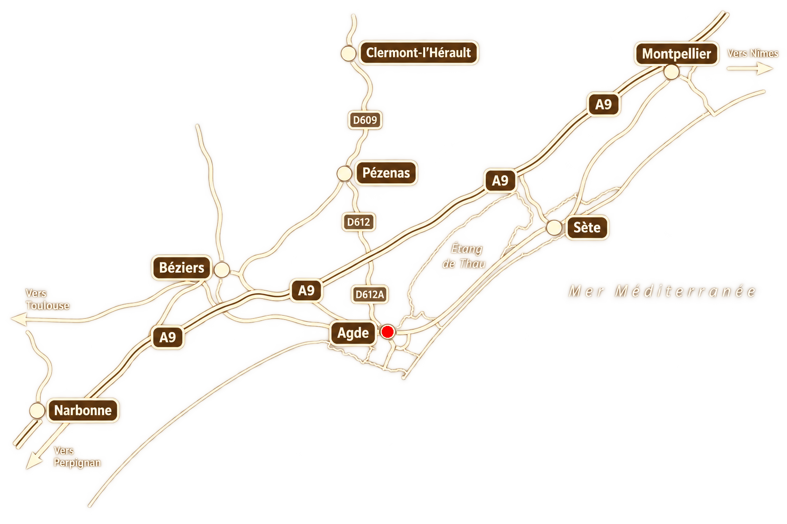 Carte stylisée situant Agde entre Béziers, Narbonne, Pézenas, Sète et Montpellier